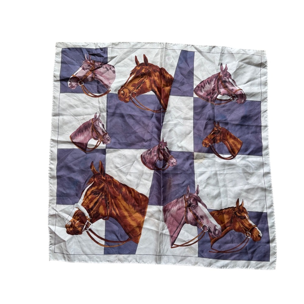 Vintage Equestrian Horse Head Checkered Square Scarf Purple White Acetate Twill